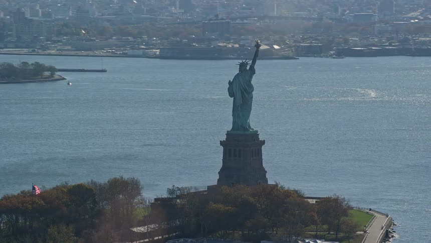 An aerial view of the statue of liberty