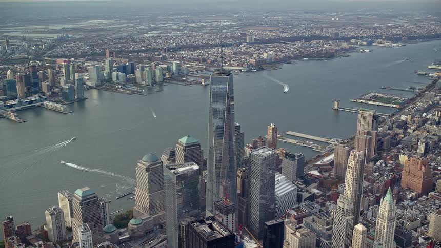 Aerial panorama of a metropolis with skyscrapers and a central sea