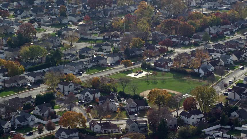 Aerial view of a residential neighborhood during the day