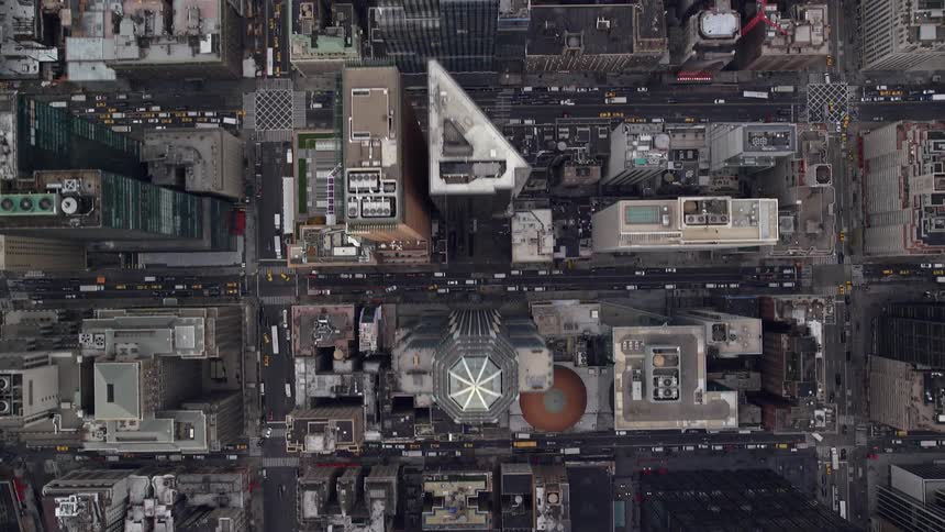 Topdown view with skyscrapers and a forest in the midst of the metropolis