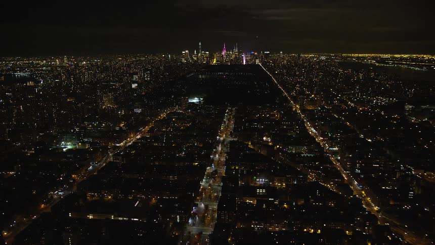 Aerial view of the new york city skyline at night