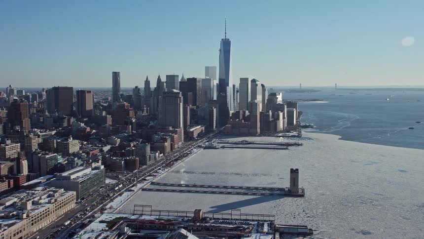 Aerial view of a metropolis by the seaside