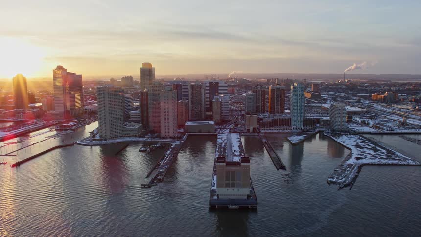 Aerial view of the new york city skyline at sunset