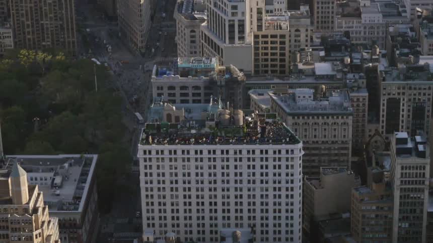Aerial view of many buildings in a city