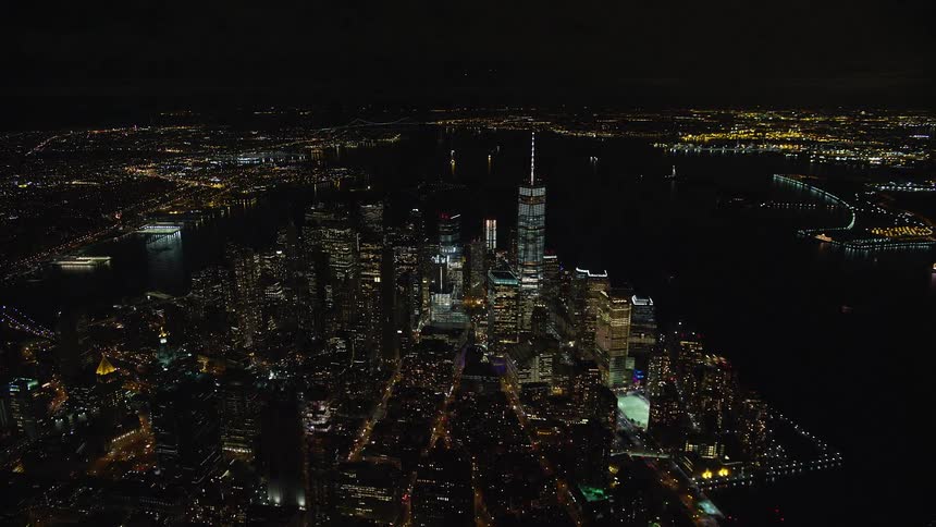 Aerial view of a metropolis at night with skyscrapers by the seaside