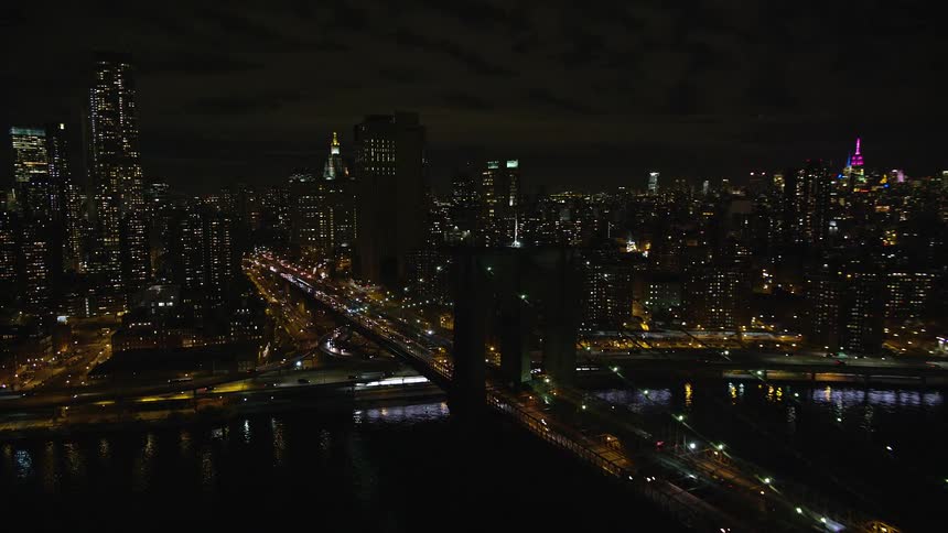 Aerial view of a metropolis at night with skyscrapers a bridge and by the seaside