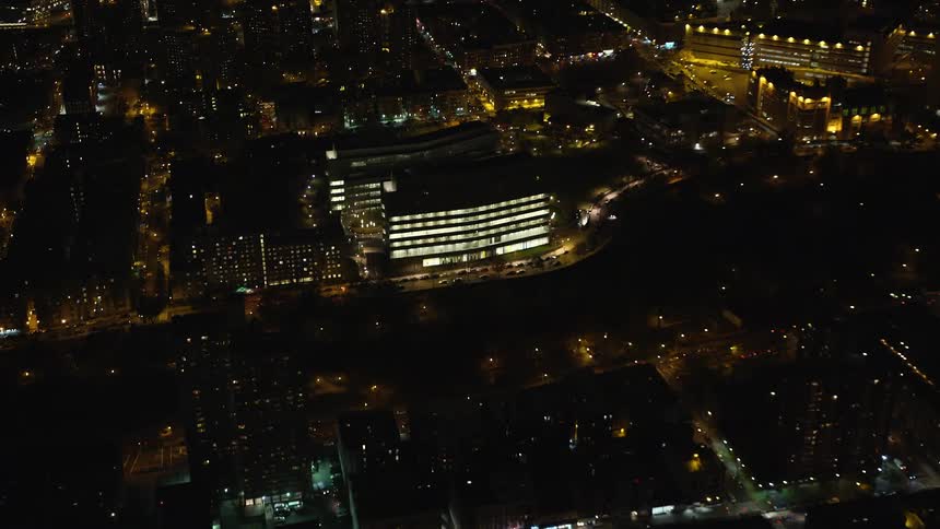 Aerial view of the downtown area of a city at night