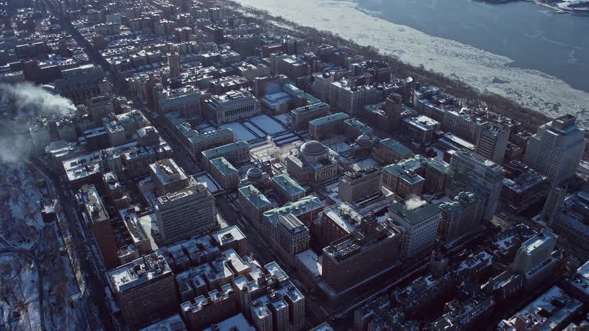 In a city covered in snow in the winter