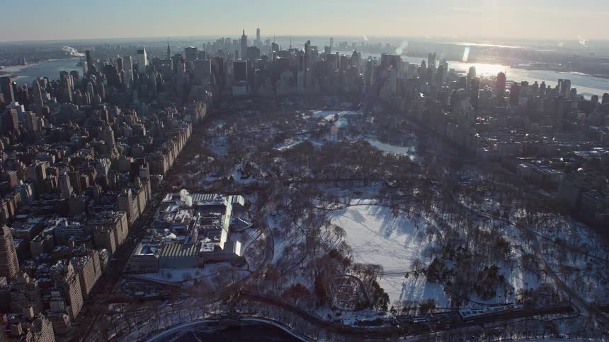 An aerial view of a community covered with ice during winter