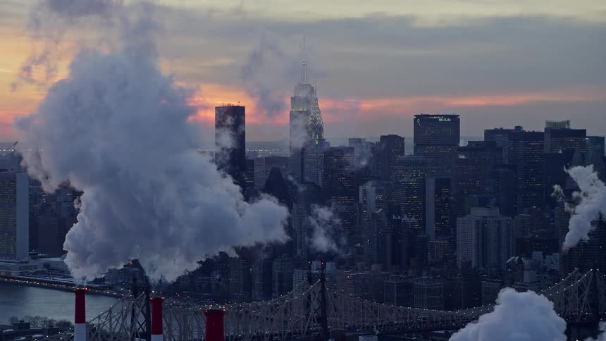 Aerial view of steam from power plants near new york city