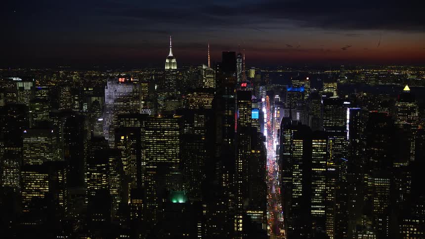 Aerial view of new york skyline at night