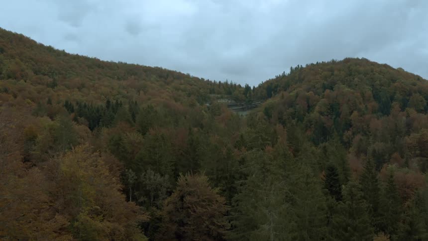 Aerial view of forested mountains with trees in fall colors and a pond in the valley in the distance
