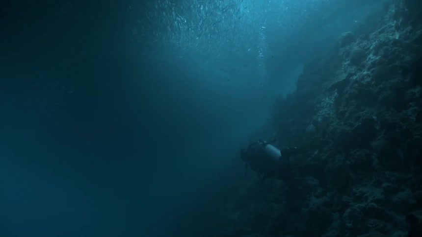 A person in underwater deep diving in the ocean