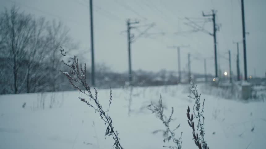 The power lines run over the snow