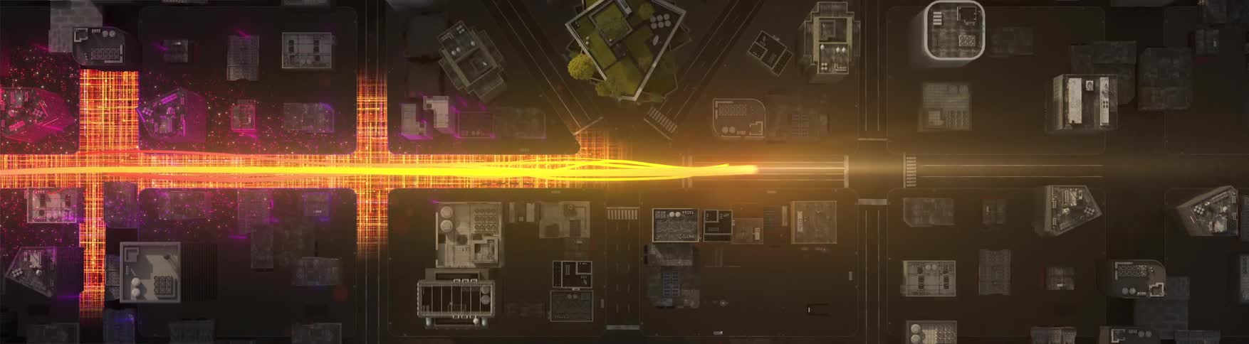 Digital animation of an abstract metropolis with writings forming along the city streets