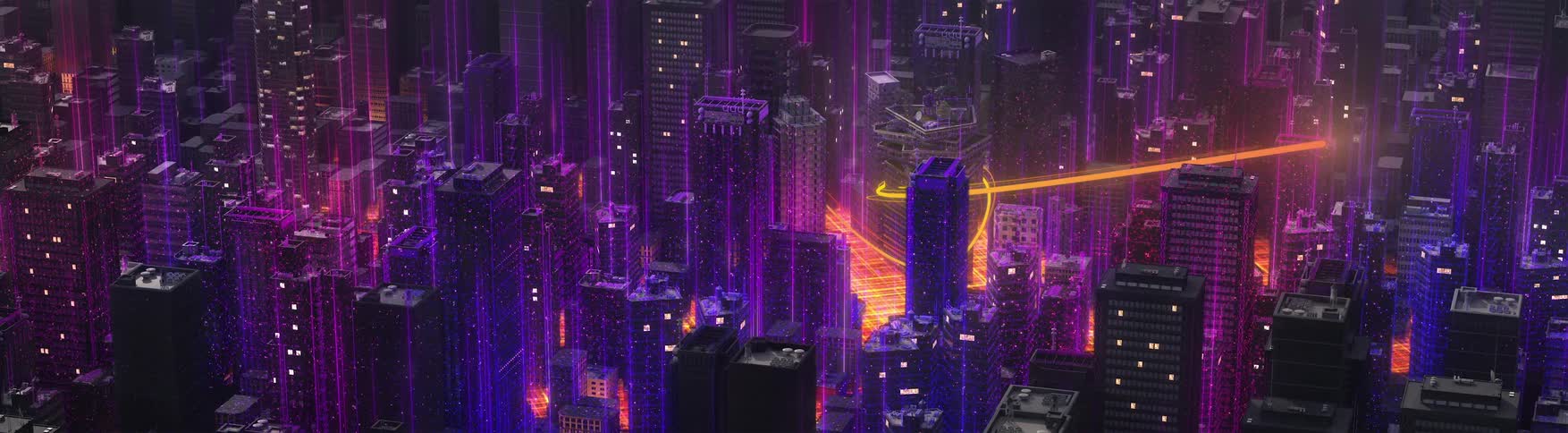 Yellow light beam around skyscrapers in a metropolitan area at night