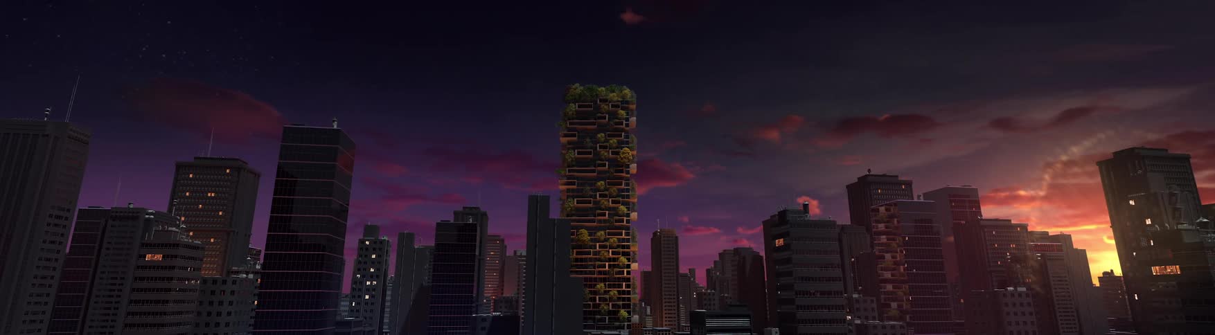 Computer generated futuristic city at sunset
