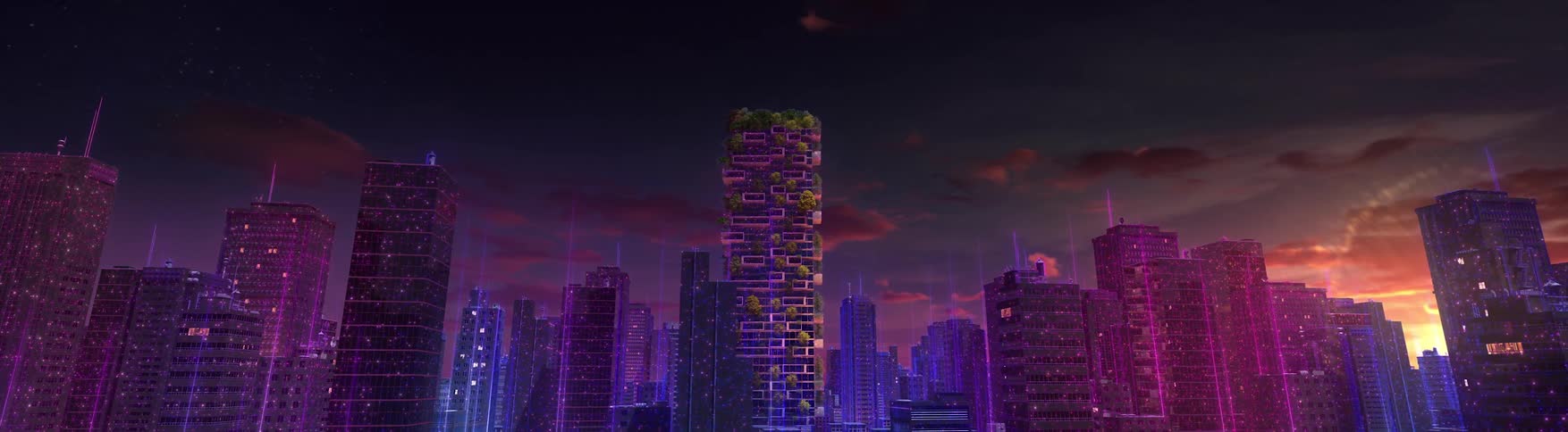 Animation of skyscrapers in a metropolitan area at night