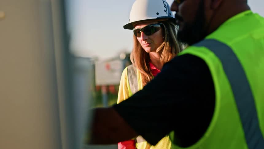 Coworkers wearing safety vests work together while standing next to road