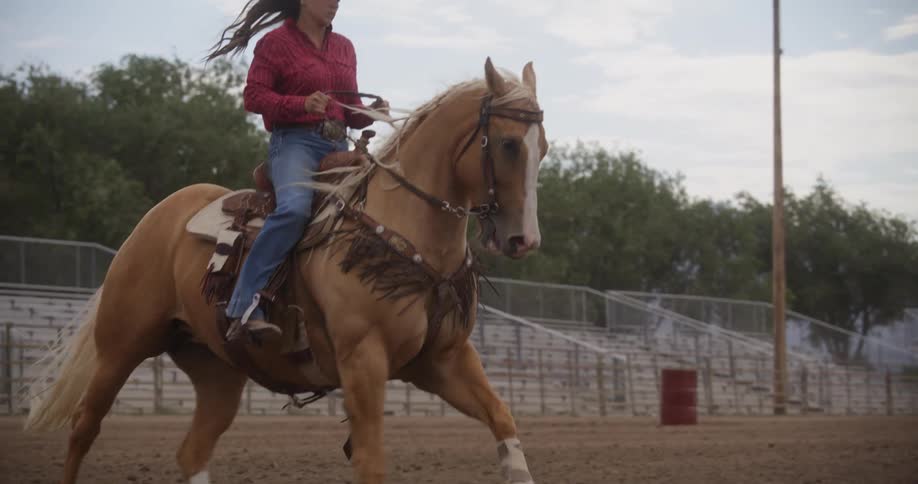 A woman wearing a cowboy hat while riding on a horse