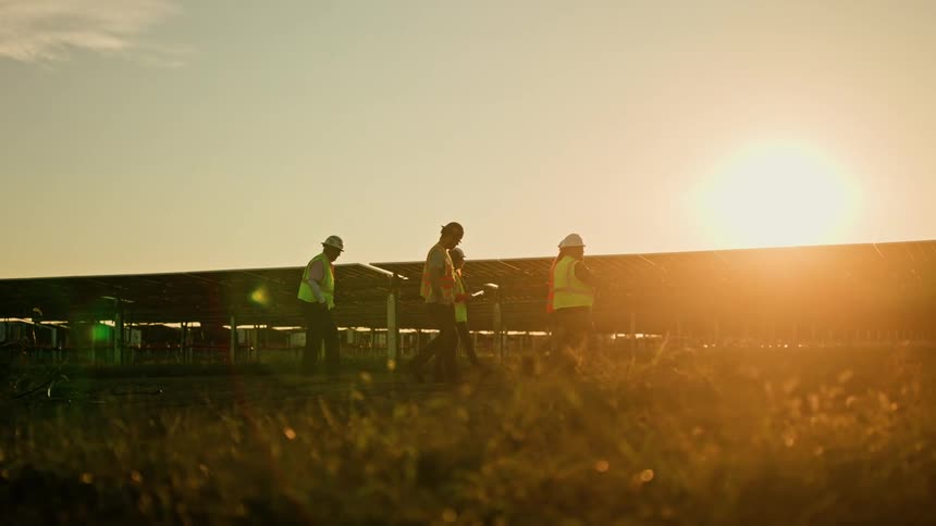 Four people in workers clothes are walking and in the sky there is a strong sunlight that is setting