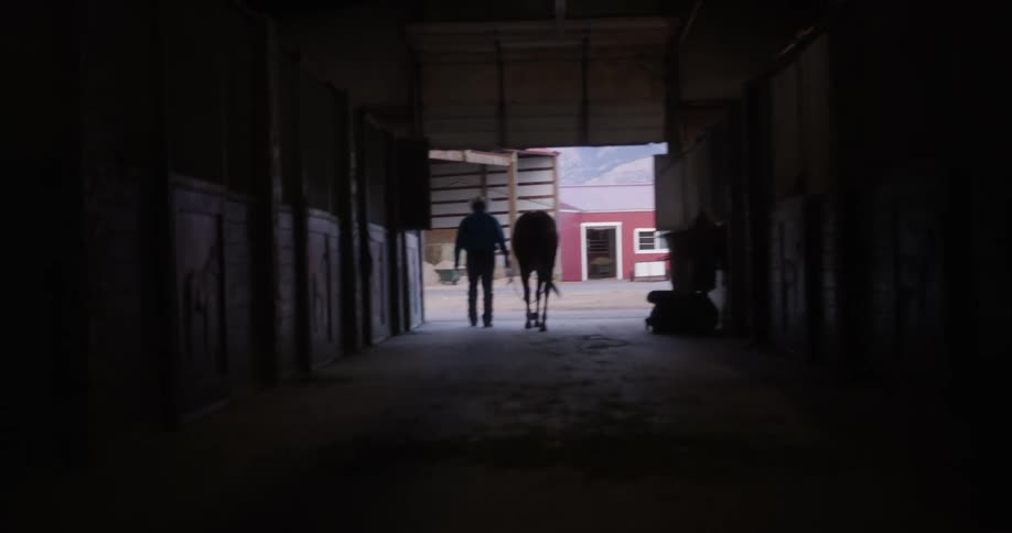A cowboy walks down the middle of a horse stable next to a horse leading it outside the main stable entrance