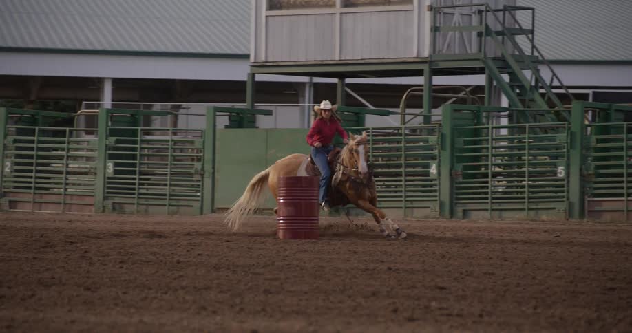 A woman races a horse around the barrel