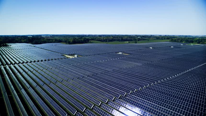 Aerial view of a solar farm in rural USA