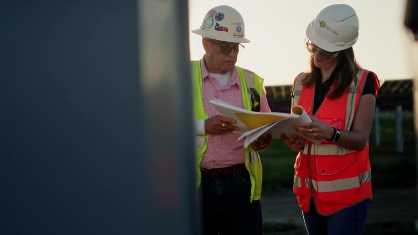Construction crew collaborates at sunset in solar field reviewing site plans