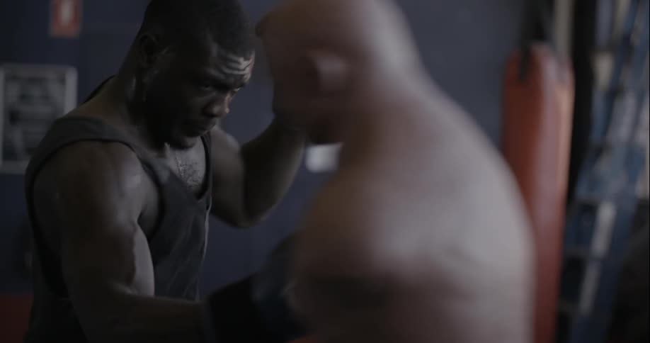 Boxer practicing his trade with a dummy