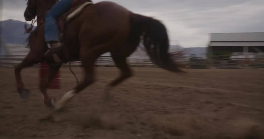 A lady riding a horse in an enclosed area at sunset