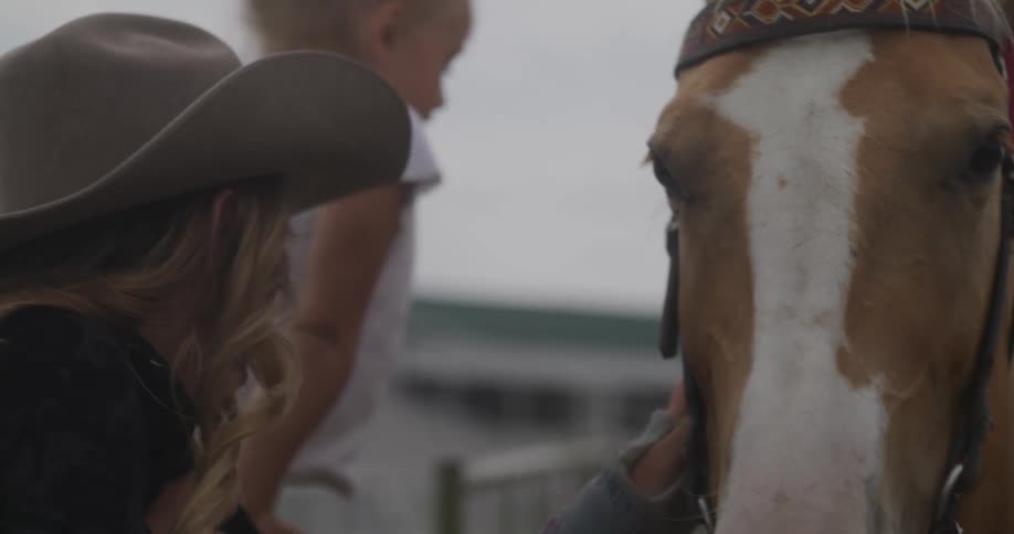 Woman putting her hands on the horse next to a child