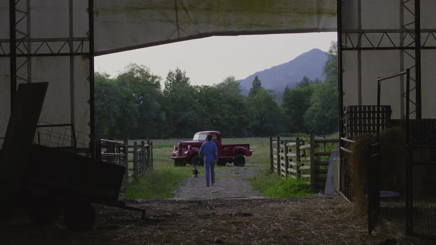A man and his puppy walking outdoor towards a parked red truck at sunset