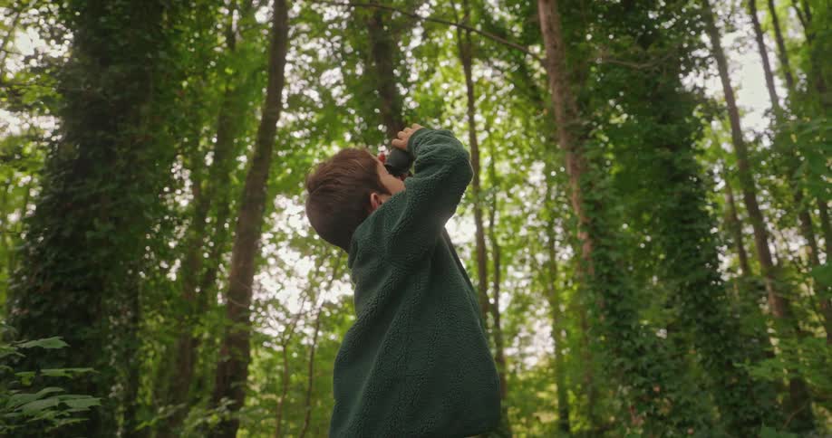 Boy with binoculars pointing up in a forest