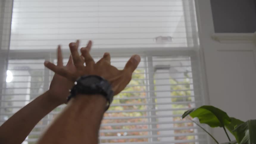 Young couple play locking hands in the air