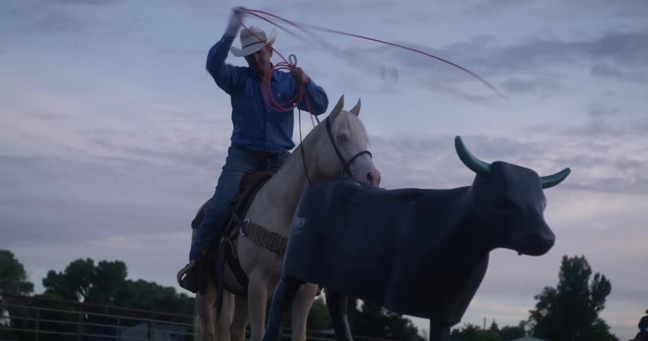 A man on a horse lassoing an iron bull