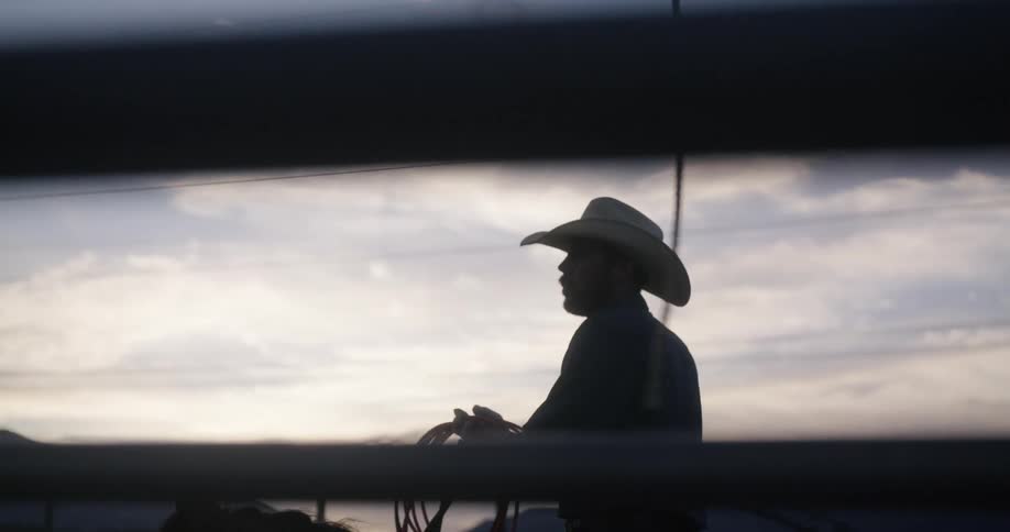 Cowboy on horse yanks on rope before riding along