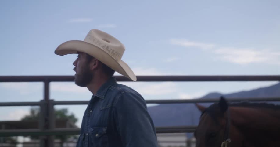 A man walking with a horse in a ranch during the day