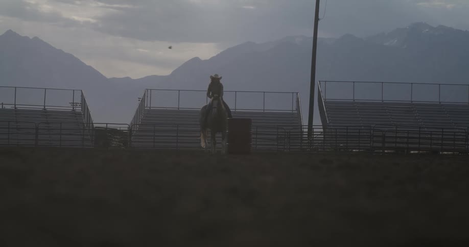 A woman riding a stallion during dawn