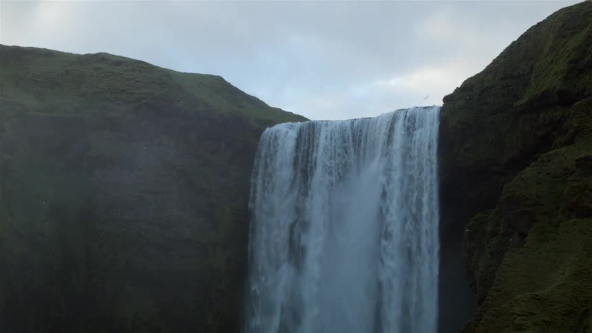 A bird flies over a waterfall ahead