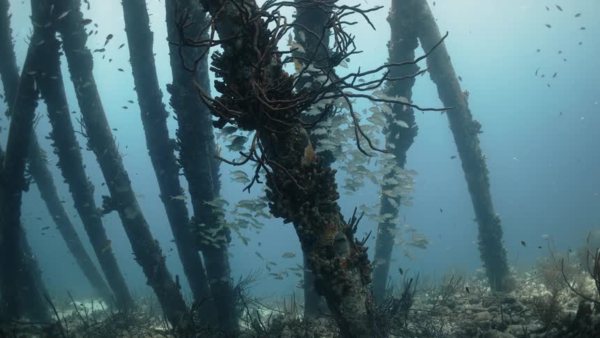 Shoal of fish swimming near submerged poles in the sea