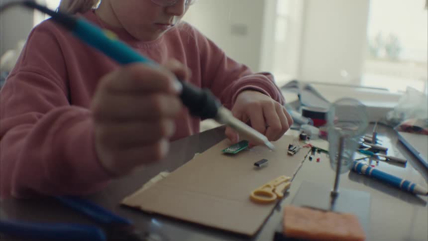 A child is using a soldering iron