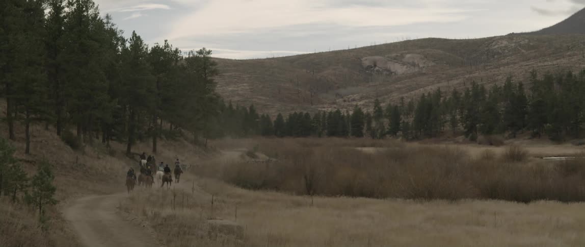 People horseback riding in a natural setting with mountains and forests