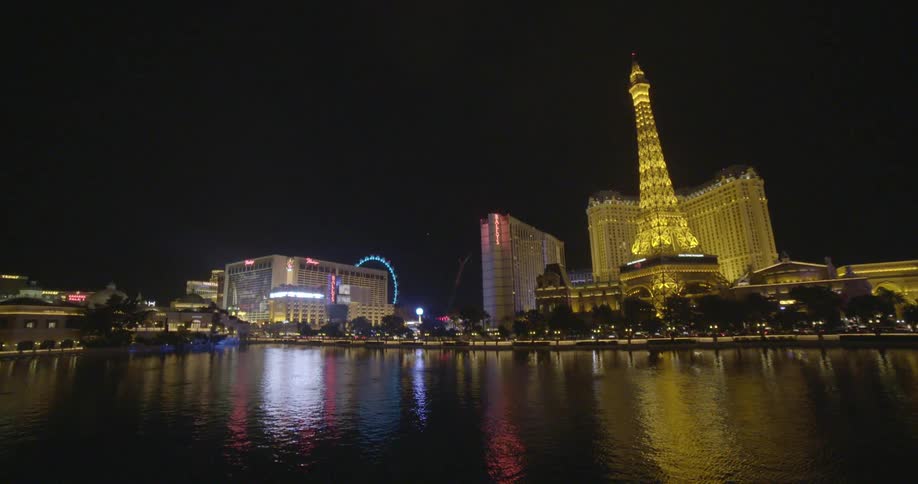 Across the water are brightly lit buildings