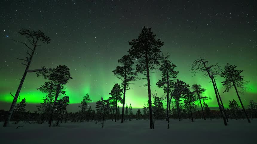 Time-lapse of some green northern lights in snowy winter