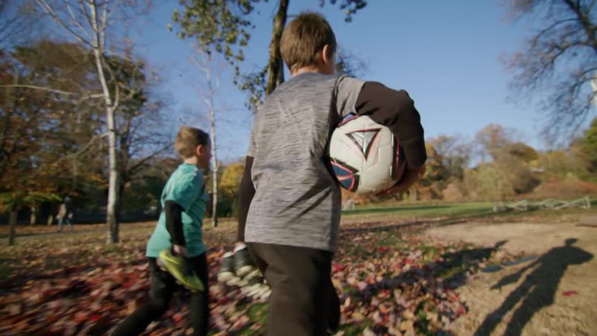 Two little boys are walking on a lawn and holding soccer balls