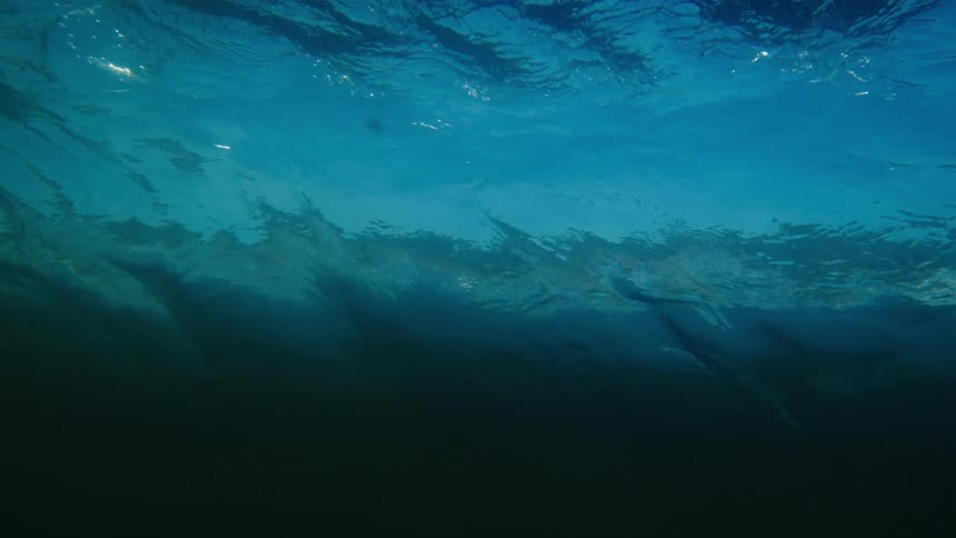 View from inside the sea at high tide with various shades of blue