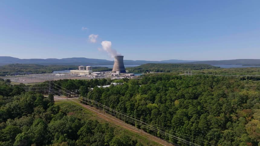 Vapor rises from cooling tower of powerplant situated near forest and lake