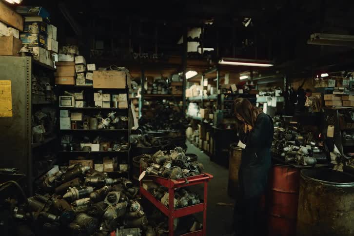 Sad mechanics within a sector with various car parts