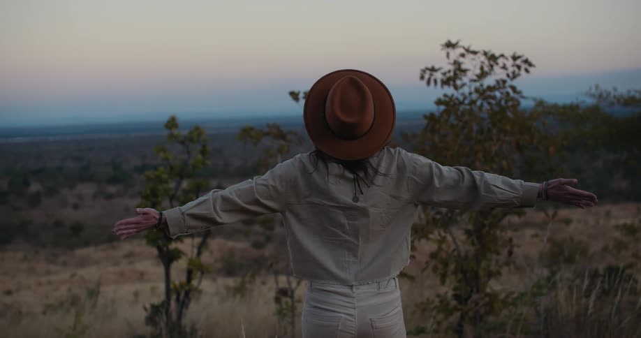 A woman in a meadow observing the landscape